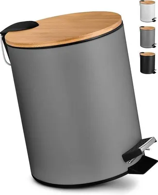 Productafbeelding van Afvalbak van 5 liter in elegante grijstint - Pedaalemmer met soft-close mechanisme en bamboe deksel