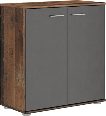A two-door cabinet with a wood-grain textured side and a dark gray front.