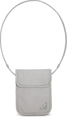 A light gray neck pouch with a flap closure and a strap.