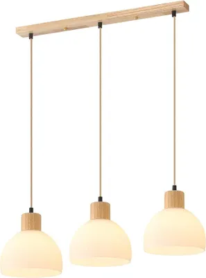 Imagen del producto de Lámpara colgante para comedor, con 3 luces, de madera y vidrio blanco. Lámpara para cocina, casquillo E27, lámpara colgante con altura ajustable, ideal para salón y dormitorio