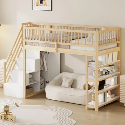 Image de MODFU Lit Mezzanine 90x200 cm – Bois avec Étagères et Échelle – Sans Matelas – Naturel