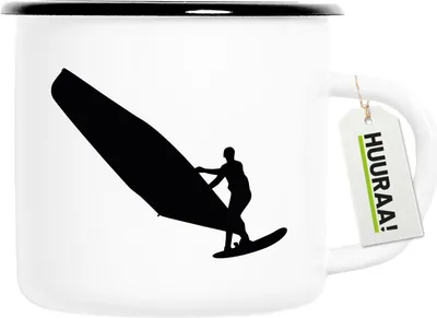 Produktbild von Huuraa Emaille Tasse Windsurfen Silhouette 300ml Vintage Campingbecher Geschenkidee