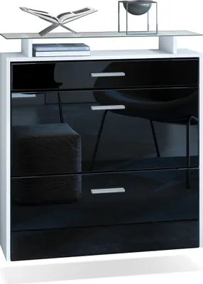 Produktbild von Vladon Schuhschrank Malea, hängender Schuhkipper für 16 Paar Schuhe mit 2 Klappen und 1 Schublade und Glasablage, Weiß matt/Schwarz Hochglanz (89 x 96 x 23 cm)