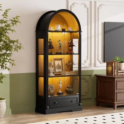 Image de Vitrine haute de 180 cm, avec portes en verre trempé, éclairage LED tricolore activé par détection de mouvement, tiroirs et étagères ouvertes incurvées, de couleur noire