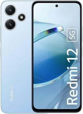 A light blue Xiaomi Redmi 12 5G smartphone is shown from the front and back, with the screen displaying a blue abstract background.