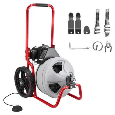 Produktbild von VEVOR Rohrreinigungsmaschine φ9,5 mm x 22 m, Reinigungsspirale mit Manueller Zufuhr, 6 Schneidwerkzeugen & Pneumatischem Fußschalter, Rohrreiniger für Rohrdurchmesser von 50 mm bis 100 mm