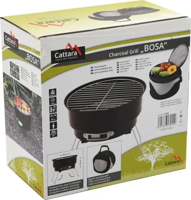 The image shows the retail packaging of a portable charcoal grill.