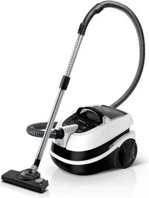 A white and black canister vacuum cleaner with a silver extension wand and a black floor nozzle, set against a white background.