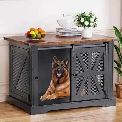 Image de Cage pour chien de 110 cm, caisse pour chien avec trois portes, porte coulissante, en bois et avec treillis métallique, couleur noire, dimensions : 110 x 74 x 81 cm