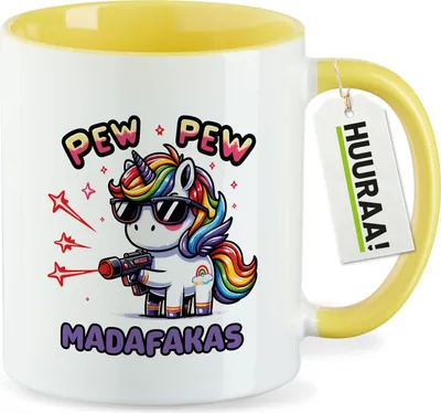 Produktbild von Huuraa Kaffeetasse Pew Pew cooles Einhorn 330ml Gelb Keramik Kaffeebecher Geschenkidee