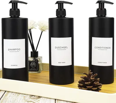 Image de Distributeur de savon de 500 ml en plastique noir mat, distributeur à pompe pour savon liquide avec 22 autocollants