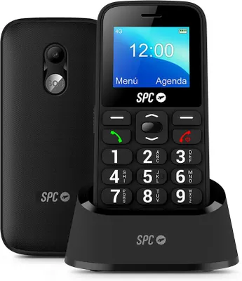 A black SPC Fortune 2 4G senior mobile phone is shown in a product shot, with the phone in its charging dock and a second phone shown from the back.