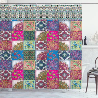 Produktbild von ABAKUHAUS Boho Duschvorhang, Oriental Patchwork-Muster mit Vivid Motiven in Squares, 175 x 200 cm, Mehrfarbig