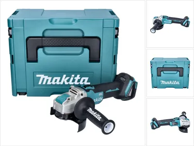 A cordless angle grinder and its storage case are displayed.