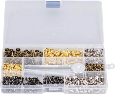 Produktbild von 240-teiliges Set aus Ledernieten mit Doppelkappen, röhrenförmig, in 2 Größen, inklusive Befestigungswerkzeug für Heimwerker
