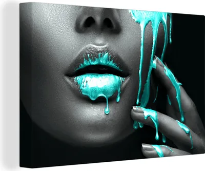 Produktbild von MuchoWow® - Leinwandbilder - Lippen - Blau - Schwarz, Wandbild, Wanddeko Bilder Wohnzimmer, 90x60 cm