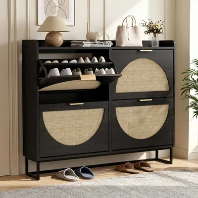 Immagine prodotto di Armadio per scarpe in legno, 4 ante, colore nero