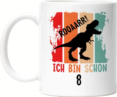 Produktbild von Roooaarr Ich Bin 8 Tasse Weiß Dinosaurier Dino T-Rex Geburtstagskind Geschenkidee