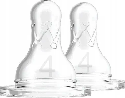 Two clear silicone baby bottle nipples are shown against a white background.