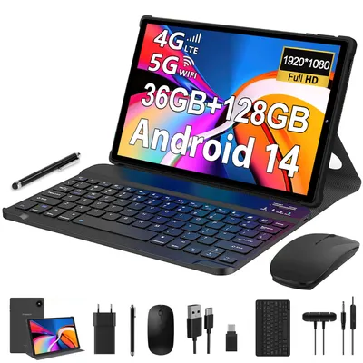 Produktbild von Tablet 10 Zoll mit Tastatur und Maus MAGCH, 36GB+128GB(1TB TF), Octa-Core, Android 14.0, 1920*1200 FHD, 4G LTE/SIM/5G WIFI, 8000mAh, 13MP+8MP, Schwarz