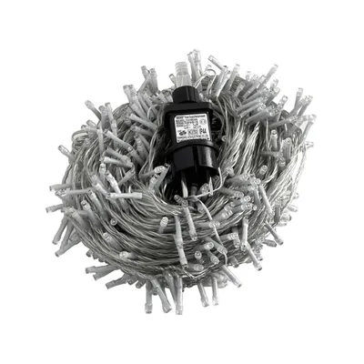 A tangled ball of white LED string lights with a black power adapter.