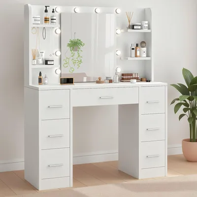 Produktbild von Schminktisch mit Spiegel und Beleuchtung + 7 Schubladen Kosmetiktisch Frisiertisch Weiß matt