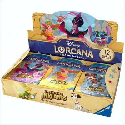 A display box of Disney Lorcana trading card game booster packs.