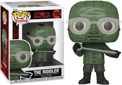 A Funko Pop! vinyl figure of The Riddler from The Batman movie, shown in its packaging and standing alone.