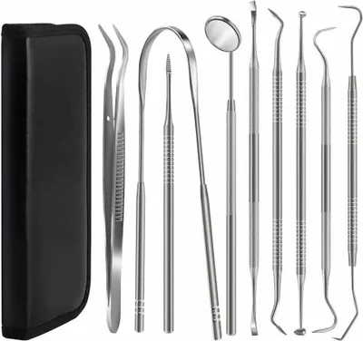 Produktbild von Dental Pick Tools, 9er Pack Professional Dental Scaler Hygiene Kit aus Edelstahl, Plaque Calculus Remover und vom Zahnarzt zugelassenes Zahnstocher-Set für die persönliche oder tierische Mundpflege