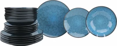 Produktbild von Luzzo® Oland Geschirrset für 6 Personen – 18-teiliges Steingut geschirr mit Reaktivglasur – Blau