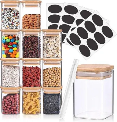 Produktbild von Gläserne quadratische Kräuterpottensets aus Bambus mit quadratischem Deckel - Kräuterpottensets - 175 ml Fassungsvermögen - Etiketten und Stifte für Kräuterpottensets