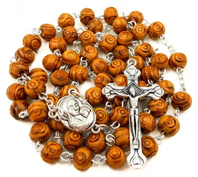 Immagine prodotto di Negozio di Nazareth: Perline in legno d'olivo intagliato, rosario cattolico, collana