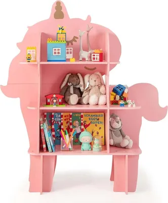 Produktbild von Kinder-Bücherregal - Spielzeugregal mit 3 Ebenen - Offene Fächer - Holz - Einhorn-Motiv - Für Kinderzimmer - Rosa