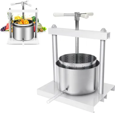 Produktbild von YUENFONG Obstpresse 5L Edelstahlkorb, Fruchtpresse Weinpresse 430 Stahl, Pressung für Trauben, Obst, Fleisch, Herbs,Fett, Gemüse Käseherstellung, inkl. Auffangtopf mit Auslaufrohr (5L)