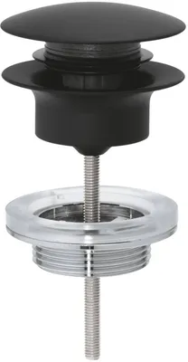 A disassembled drain assembly for a sink, showing the pop-up stopper and the threaded mounting piece.