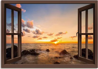 Produktbild von ARTland Leinwandbild Fensterblick Sonnenuntergang am Meer Größe: 100x70 cm