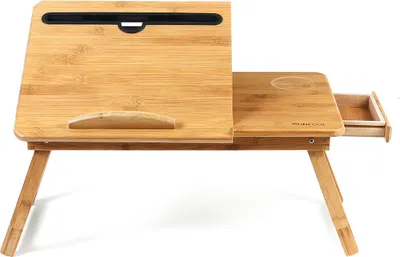 Immagine prodotto di Scrivania portatile pieghevole in legno per computer portatili Tavolo da studio per divano letto con cassetti + portabicchieri + vassoio per telefono/tablet - S