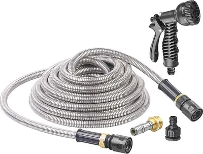 Image de Tuyau d'arrosage extensible en acier avec pistolet 7 jets - 10 à 15 m