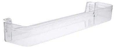 A clear plastic refrigerator door bin on a white background.