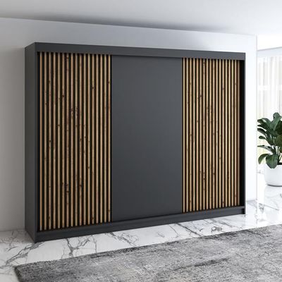 Schwebetürenschrank, 3-türig Schrank mit 4 Schubladen, und 3D-Lamellen Premum! Moderne Garderobe für Kleidung. Verschiedene Farben (Weiß, Schwarz, Somona) Kleiderschrank IOSA 200 cm