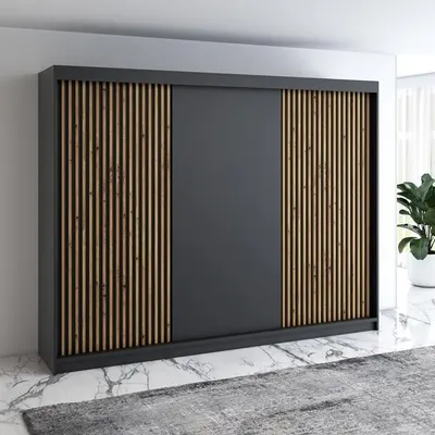Produktbild von Schwebetürenschrank, 3-türig Schrank mit 4 Schubladen, und 3D-Lamellen Premum! Moderne Garderobe für Kleidung. Verschiedene Farben (Weiß, Schwarz, Somona) Kleiderschrank IOSA 200 cm