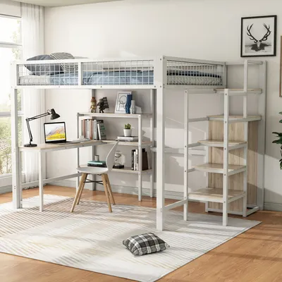 Produktbild von MODFU Hochbett 140x200cm mit Rausfallschutz, Kinderbett mit Tisch und Regalen, Metallbett Stockbett mit Lattenrost, Jugendbett Bettgestell, Weiß