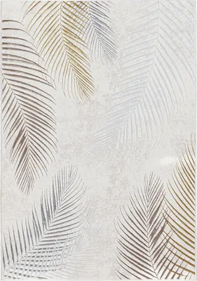 A close-up view of a rug with a palm leaf pattern.