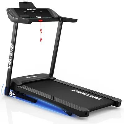 Image de Tapis de course Sportconic pour la maison 1-14 km/h, tapis de course pliable, avec inclinaison jusqu'à 6 %, avec support pour tablette, écran LED, cardiofréquencemètre
