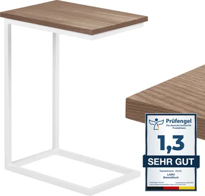 Produktbild von LAMO Manufaktur Beistelltisch | Laptoptisch | Sofatisch | mobiler Kaffeetisch | Nachttisch | 45x30x60 cm | Gestell Weiß | 100% Echtholz Massiv Platte farbe: Nussbaum