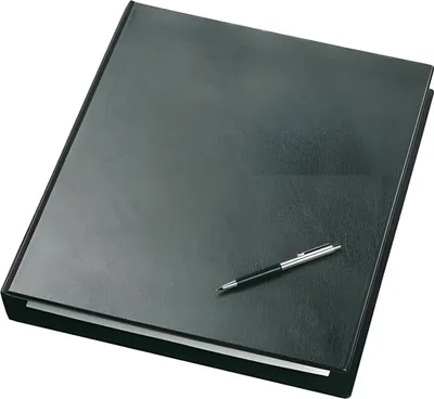 A black binder with a pen on top, isolated on a white background.