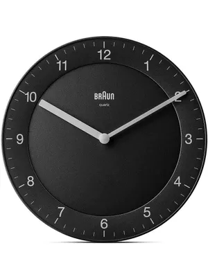 A black Braun wall clock with silver hands and hour markers.