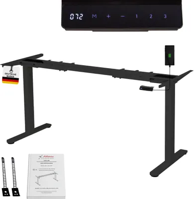 A black electric standing desk frame with its control panel and accessories, presented on a white background.
