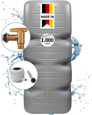 Produktbild von GARANTIA CUBUS Regentonne Komplett-Set 1000 Liter, betongrau inkl. Kunststoff-Auslaufhahn und Fallrohranschluss