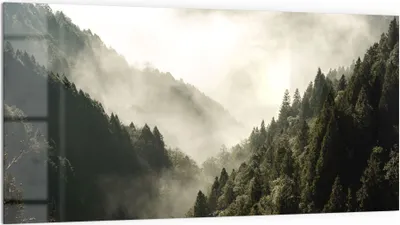 Produktbild von DEQORI Küchenrückwand Glas 100x50 cm 'Nebel in den Bergen' Spritzschutz Bad Rückwand
